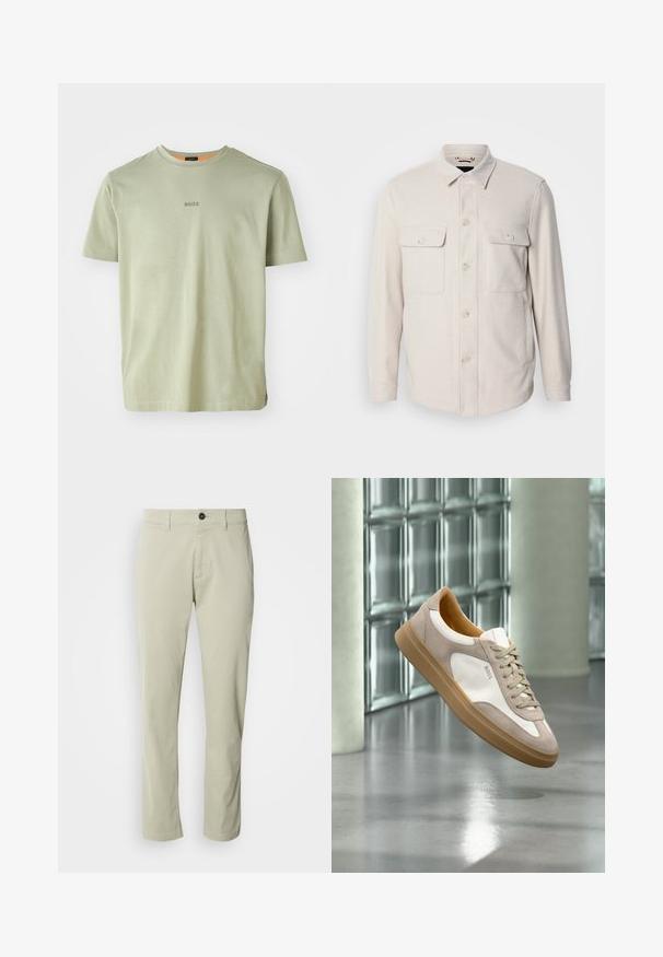 Lys beige knap-op skjorte med lange ærmer, to brystlommer og krave, lavet af blødt stof med en subtil tekstur.; Olivengrøn kortærmet T-shirt lavet af blødt stof, med rund halsudskæring og et lille "BOSS"-logo trykt i midten.; Beige bomulds chinos med lige snit, lynlås og en enkelt knaplukning. Har bæltestropper og en glat tekstur.; Beige og hvid sneaker med tan sål og "BOSS" logo, ophængt over en reflekterende glat gulv med glasblokvæg i baggrunden.