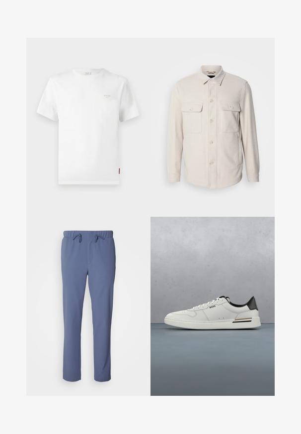Lys beige knap-op skjorte med lange ærmer, to brystlommer og krave, lavet af blødt stof med en subtil tekstur.; Hvid bomulds t-shirt med korte ærmer, rund hals og et lille gråt logo på venstre bryst. Enkel design, regular fit, glat tekstur.; Lyseblå, strækbare stofbukser med elastisk talje, snøre og tapered design. Glat tekstur og ingen synlig hardware.; Hvide lavtoppede sneakers med sort hæl, snørebånds lukning, subtile perforeringer og "BOSS" logo på siden, vist fra ydersiden i profil.