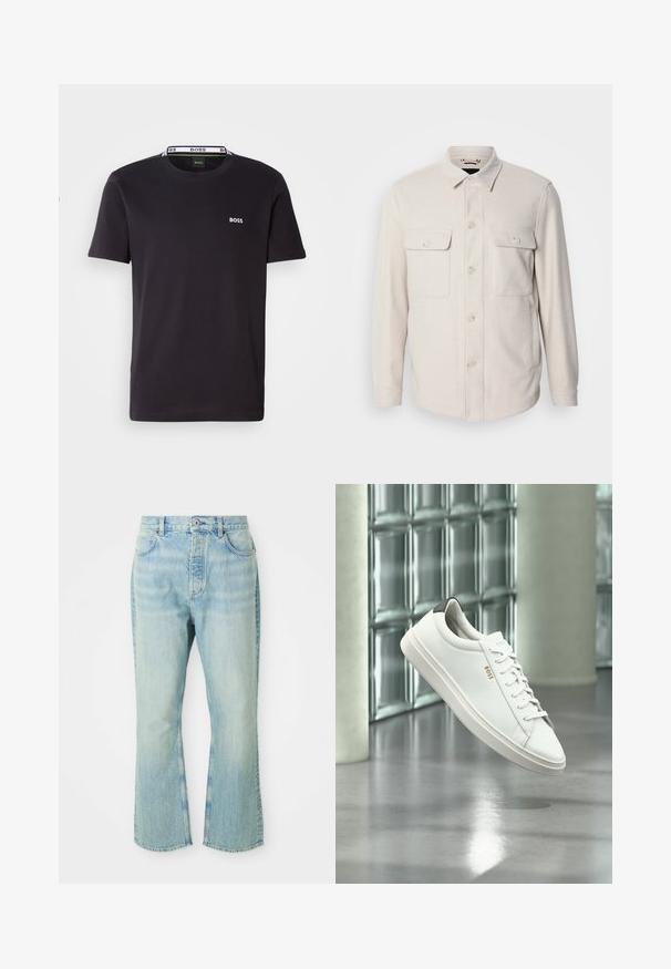 Lys beige knap-op skjorte med lange ærmer, to brystlommer og krave, lavet af blødt stof med en subtil tekstur.; Sort bomulds t-shirt med korte ærmer, rund halsudskæring, med et lille hvidt "BOSS" logo på brystet og en kontrasterende krave.; Lysblå denim flared jeans med høj talje, der har fem lommer, bæltestropper og en toned vævning.; Hvid læder lav-top sneaker med snørebånd, sort hælflig og "BOSS"-logo, svævende indendørs nær glasblok væg og poleret gulv.