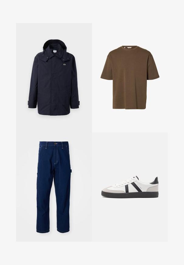 Marineblå vandafvisende jakke med hætte, som har trykknaplukninger, sidelommer og et lille grønt krokodillelogo på brystet.; Brun T-shirt med korte ærmer og rund hals, løs pasform og ensfarvet design, vist mod en hvid baggrund.; Mørkeblå lige ben denim arbejdsbukser med hvid syning, bæltestropper, frontlommer og en side utility løkke på hvid baggrund.; Hvide sneakers med sorte og grå detaljer, med en tekstureret grå tåhætte, sort gummisål og flade hvide snørebånd. Rent design, minimalistisk stil.