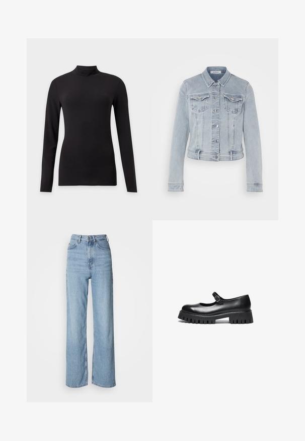 Lyseblå denimjakke med lange ærmer, knaplukning foran, to brystlommer og subtile falmede detaljer. Den cropped design fremhæver silhuetten.; Sort tætsiddende top med lange ærmer og høj krave, vist på en ensfarvet lys grå baggrund.; Lyseblå højtskårne jeans med lige ben, lavet af denim, med frontknaplukning og diskrete falmede detaljer.; Sorte læder Mary Jane-style sko med rund tå, ankelrem og chunky gummisål med ribbet detaljering.