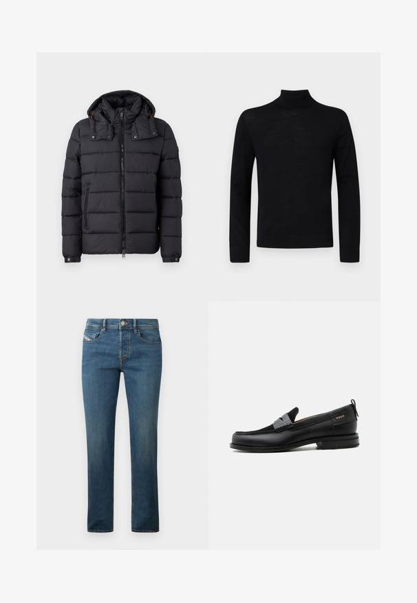 Chaqueta de plumón negra acolchada con capucha desmontable, cremallera frontal completa, bolsillo lateral con cremallera y puños con кнопы sobre un fondo blanco.; Suéter de cuello alto negro hecho de una tela suave, con mangas largas y una silueta ajustada, decorado con un pequeño detalle redondo en el cuello.; Jeans de mezclilla azul oscuro con un diseño de pierna recta, estilo de cinco bolsillos y un ligero desgaste. Presenta un botón de metal y trabillas para el cinturón.; Mocasín de cuero negro con detalle de tira gris, tacón bajo y suela texturizada, con la marca "HUGO" en oro en el lateral.