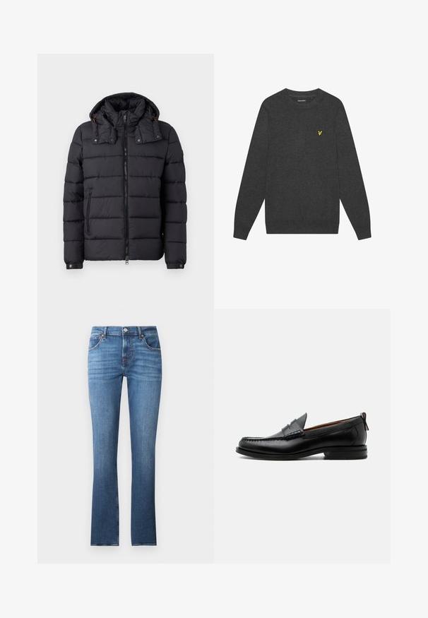 Veste matelassée noire avec capuche détachable, fermeture éclair sur toute la longueur, poche latérale zippée et poignets à pression sur fond blanc.; Pull à col ras du cou gris foncé en tissu doux. Présente un petit logo brodé jaune sur la poitrine. Manches longues avec des poignets côtelés.; Jean en denim bleu avec une coupe droite, présentant un léger délavage, cinq poches et des éléments en métal. La ceinture comprend des passants de ceinture.; Mocassin homme en cuir noir avec couture moc toe, bride penny, col texturé et petit talon empilé sur fond blanc.
