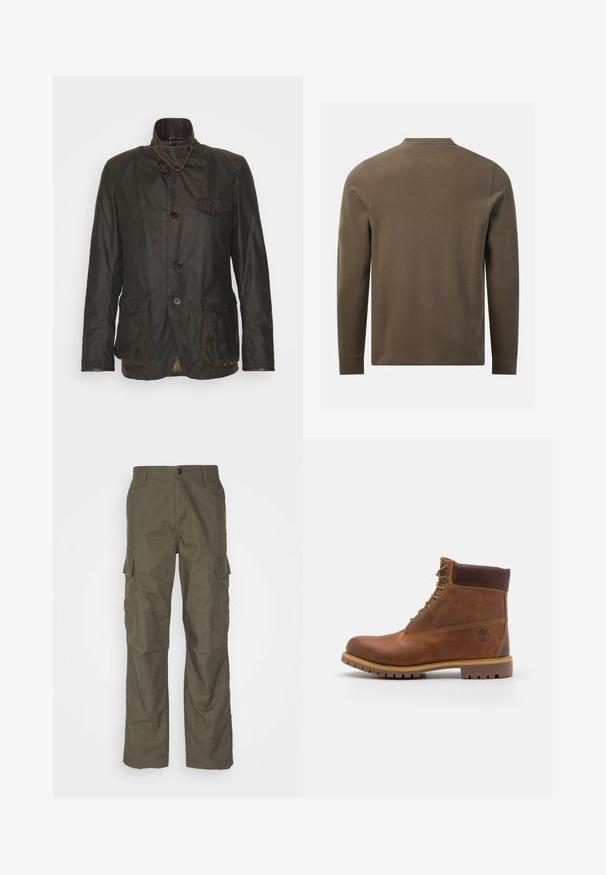Veste en coton ciré vert foncé avec un col haut, des boutons double boutonnage, une poche poitrine et une doublure à carreaux. Comprend deux poches avant.; Chemise texturée vert olive à manches longues, vue de dos avec un col rond et des poignets simples sur fond blanc.; Pantalons cargo olive avec une coupe droite, fabriqués en tissu texturé. Présente de grandes poches latérales et une fermeture à bouton.; Botte de randonnée en cuir marron avec une finition lisse, cheville rembourrée, œillets en métal et semelle en caoutchouc dotée d'un motif de crampons robuste.