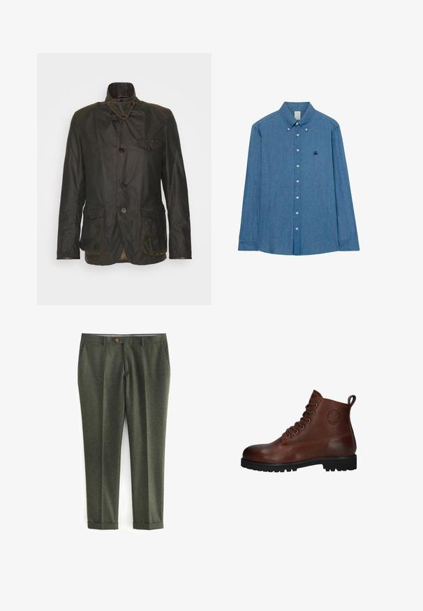 Veste en coton ciré vert foncé avec un col haut, des boutons double boutonnage, une poche poitrine et une doublure à carreaux. Comprend deux poches avant.; Chemise boutonnée en chambray bleu clair avec des manches longues, un col pointu et un petit logo brodé sur la poitrine gauche.; Pantalons vert foncé en tissu texturé, dotés de poches latérales, d'une fermeture à bouton sur le devant et de poignets retroussés pour un look soigné.; Bottine en cuir marron avec une surface texturée, six œillets, une semelle en caoutchouc noire et une boucle pour un enfilage facile.