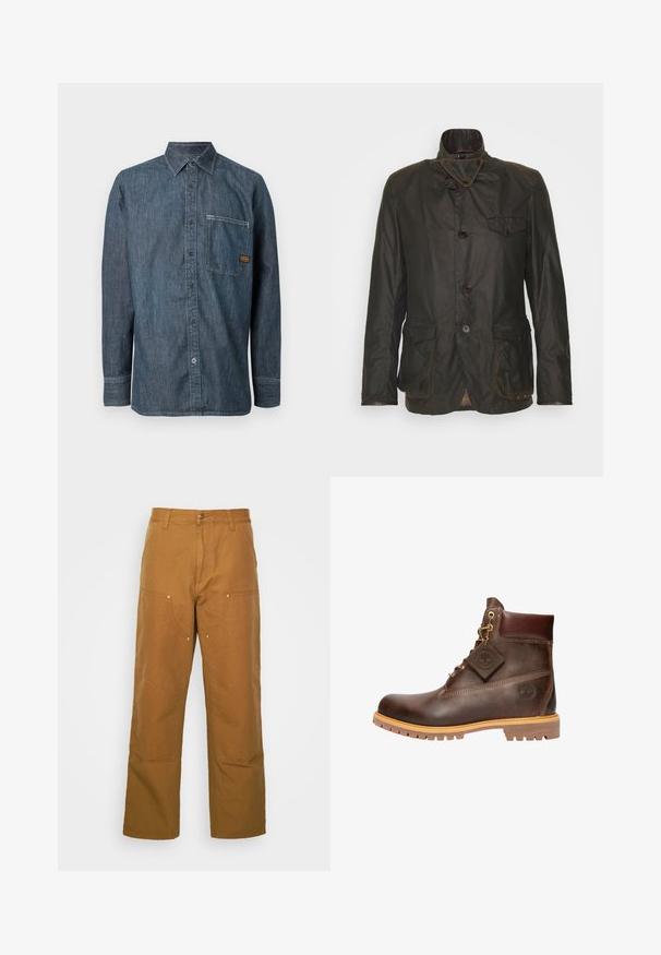 Veste en coton ciré vert foncé avec un col haut, des boutons double boutonnage, une poche poitrine et une doublure à carreaux. Comprend deux poches avant.; Chemise en denim bleu foncé à manches longues, fermeture par boutons, et une poche poitrine. Présente une petite étiquette de marque sur la poche.; Pantalons utilitaires en coton marron avec une coupe droite, dotés de poches avant et d'accents en métal pour une durabilité accrue.; Bottine en cuir marron avec un bout rond, une semelle robuste, des éléments en doré et un dessus texturé. Comprend une étiquette de logo attachée.