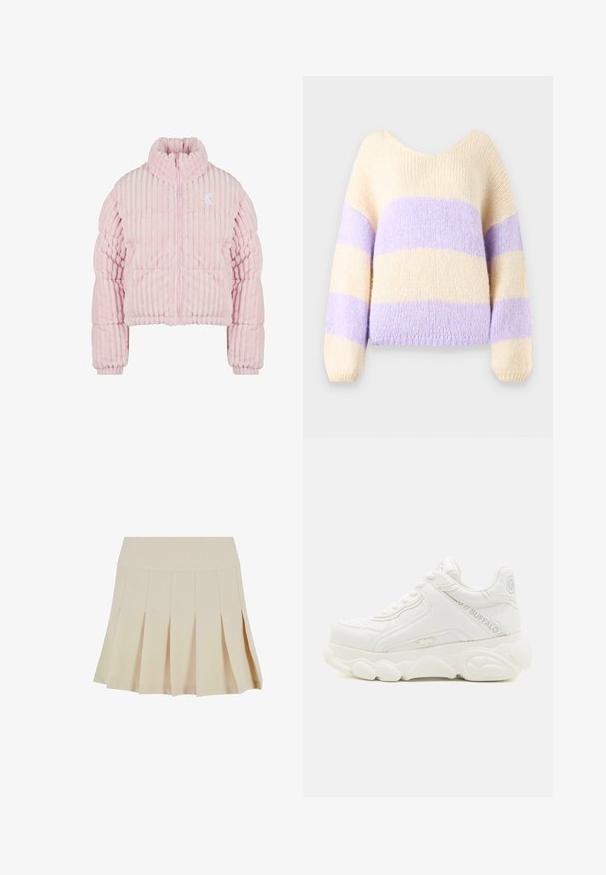 Puffjakke i lyserød, lavet af blød, ribbet stof. Har en høj krave, lynlåslukning og et lille logo på brystet.; Strikket sweater med vid halsudskæring, prydet med vandrette striber i creme og lavendel. Blødt, struktureret stof med lange ærmer.; Beige plisseret nederdel med en tætsiddende talje, lavet af et glat stof. Har flere lodrette plisser og en lige kant.; Hvid chunky sneaker med tyk sål, snørelukning og "Buffalo" branding på siden og hælen.