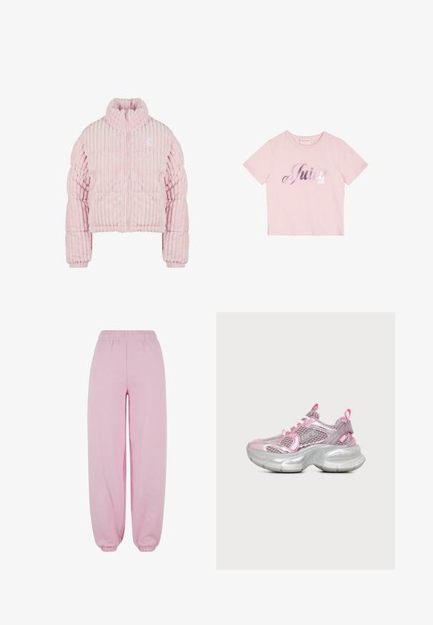 Light pink padded jacket with vertical ribbed texture, long sleeves, high collar, front zipper, and small white logo on the chest.; Light pink short-sleeve t-shirt with shiny silver script text "Juicy" centered on the front, crew neckline, and a straight hem.; Urban Classics Tracksuit bottoms - softpink; Chunky sneaker with silver thick sole and pink mesh upper featuring "BFL" logo and pull tabs on tongue and heel.