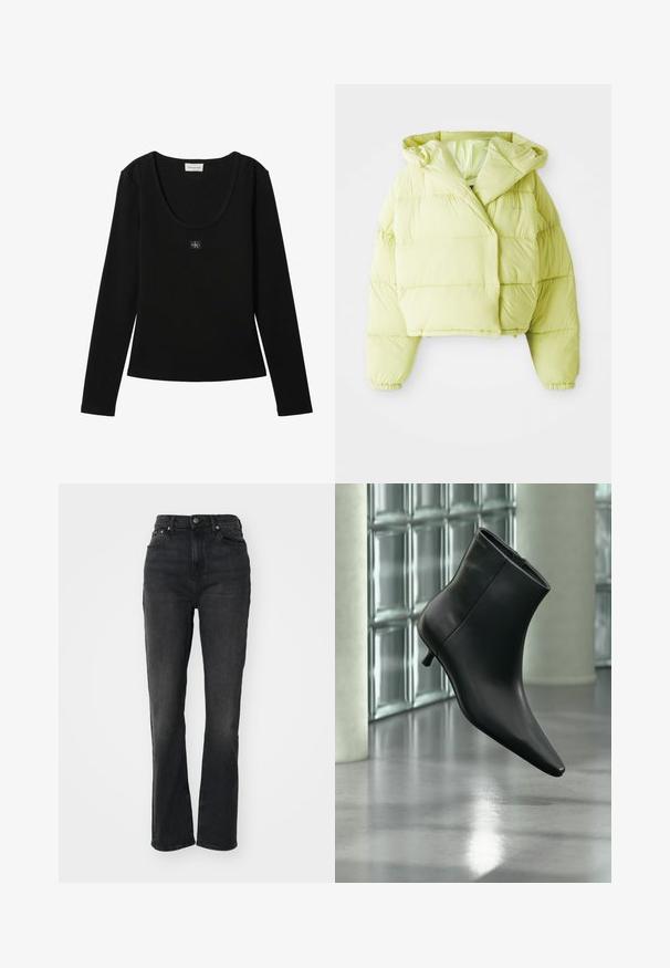 Lys gul cropped puffer-jakke med hætte, der har horisontale quiltede sektioner, elastiske manchetter og en glat, blank overflade.; Sort langærmet ribbet top med rund halsudskæring og lille Calvin Klein logo patch centreret på brystet.; Højtaljede sorte denim jeans med lige ben, fem-lomme design, frontlukning med knap og minimal syning.; Sort læderankelstøvle med spids tå og lav kitten-hæ, vist vinklet mod en poleret gulv- og glasblokvæg.