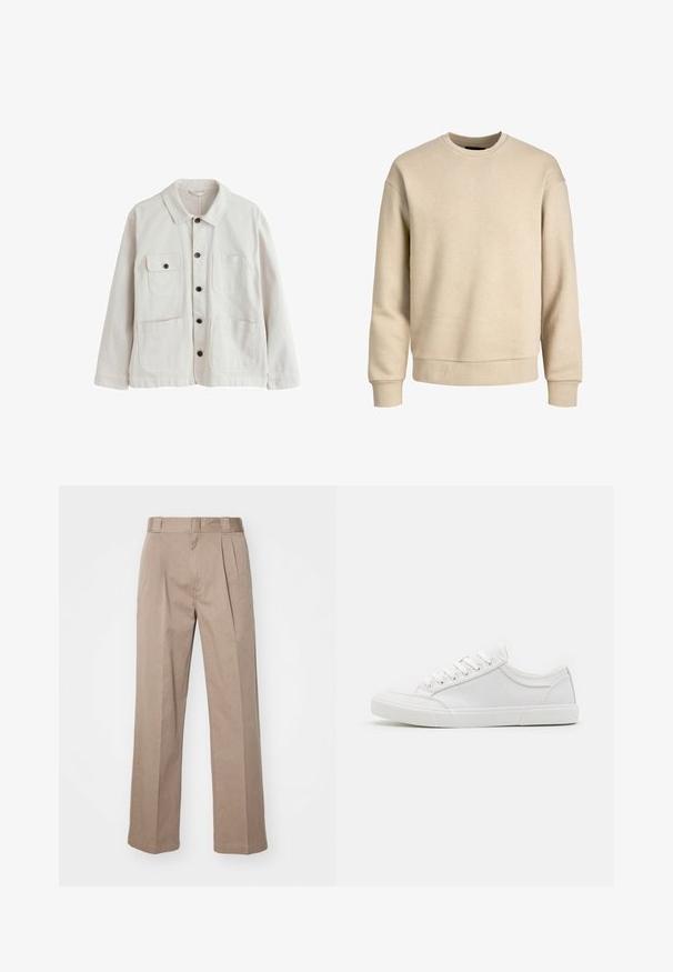 Lyse beige jakke med knapper, krave, to nederste nederlommer og to øverste brystlommer, hvoraf den ene har klap og knap.; Beige sweatshirt lavet af blødt stof, med rund hals, lange ærmer og ribbede mansjetter og kant for en afslappet pasform.; Beige, høj talje bukser med bred ben-design. Har to forreste plisseringer og en glat tekstur. Standard længde med en ren finish.; Hvide sneakers med en glat læderoverdel, rund tå, flad gummisål og seks øjestik til snørebånd. Subtile syninger og minimalistisk design.