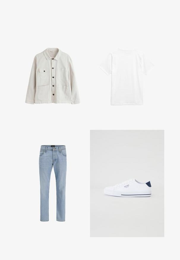 Lyse beige jakke med knapper, krave, to nederste nederlommer og to øverste brystlommer, hvoraf den ene har klap og knap.; Hvid bomulds t-shirt med korte ærmer og rund halsudskæring. Stoffet ser glat ud uden mønstre eller synlig hardware.; Lyseblå denimjeans med slim fit, fem-lomme design, subtilt falmet struktur og metaludstyr ved lynlåsen og knaplukningen.; Hvide kanvas sneakers med en marineblå hælaccents, flad gummisål, rund tå og hvide snørebånd. Har logo på siden.