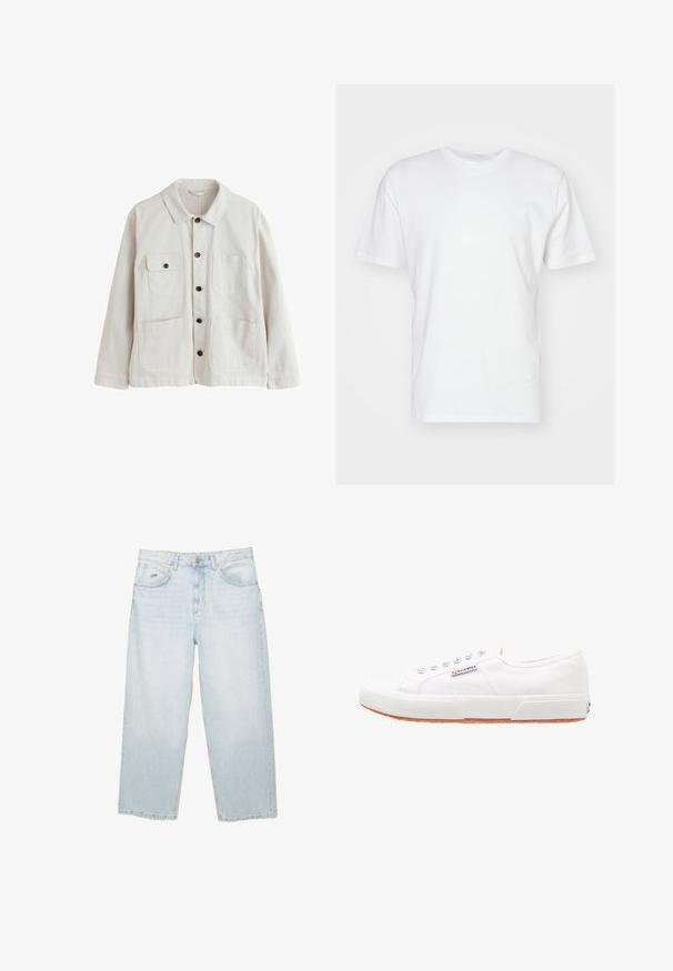 Lyse beige jakke med knapper, krave, to nederste nederlommer og to øverste brystlommer, hvoraf den ene har klap og knap.; Hvid bomulds T-shirt med korte ærmer, rund halsudskæring og en glat tekstur. Enkel design uden mønstre eller grafik.; Lysblå højtaljede straight-leg jeans med frontknap, lommer og lille mærket metalmærke på den højre forlommer.; Hvide kanvas sneakers med gummisål, snørebåndsdesign og et lille logo mærke på siden. Tekstureret hvid overdel og brun ydersål.