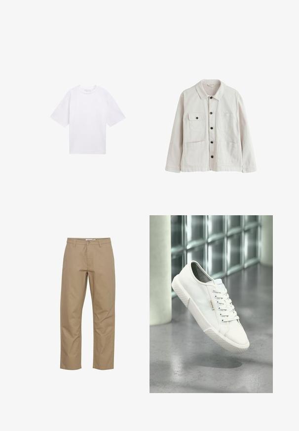 Chaqueta beige claro con botones, con cuello, dos bolsillos parcheados inferiores y dos bolsillos superiores en el pecho, uno con solapa y botón.; Camiseta blanca de manga corta hecha de algodón. Corte relajado con cuello redondo. Textura suave y sin patrones o acentos visibles.; Pantalones de algodón beige con un diseño de pierna recta, que cuentan con un cierre frontal de botón y cremallera, bolsillos laterales y un acabado limpio.; Zapatilla baja blanca de Calvin Klein con cordones, suela de goma y etiqueta con el logo flotando sobre un suelo pulido gris cerca de una pared de bloques de vidrio.