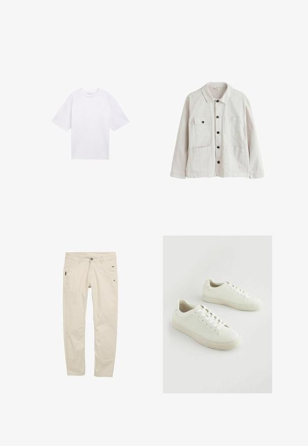 Chaqueta beige claro con botones, con cuello, dos bolsillos parcheados inferiores y dos bolsillos superiores en el pecho, uno con solapa y botón.; Camiseta blanca de manga corta hecha de algodón. Corte relajado con cuello redondo. Textura suave y sin patrones o acentos visibles.; Chinos de algodón beige con un diseño de pierna recta, que cuentan con bolsillos laterales, cierre de botón y detalles de textura sutiles.; Zapatillas blancas de material sintético texturizado, con puntera redonda, diseño con cordones y suela de goma ligeramente elevada.