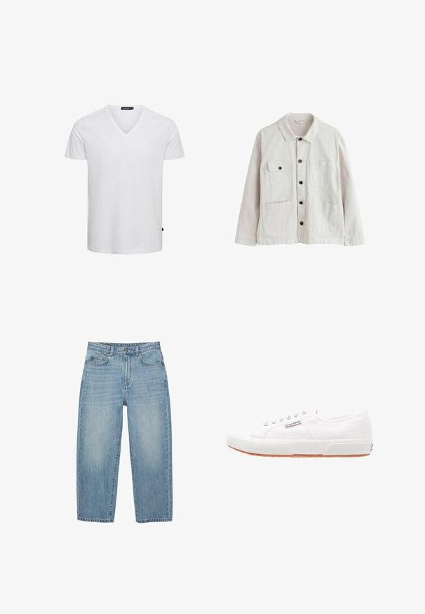 Lyse beige jakke med knapper, krave, to nederste nederlommer og to øverste brystlommer, hvoraf den ene har klap og knap.; Hvid kortærmet V-hals t-shirt lavet af bomuld, med regulær pasform og et lille logo mærke på den nederste venstre side.; Lyseblå denimjeans med lige ben, forsideknapper, lynlås og fem-lommer-design på hvid baggrund.; Hvide kanvas sneakers med gummisål, snørebåndsdesign og et lille logo mærke på siden. Tekstureret hvid overdel og brun ydersål.