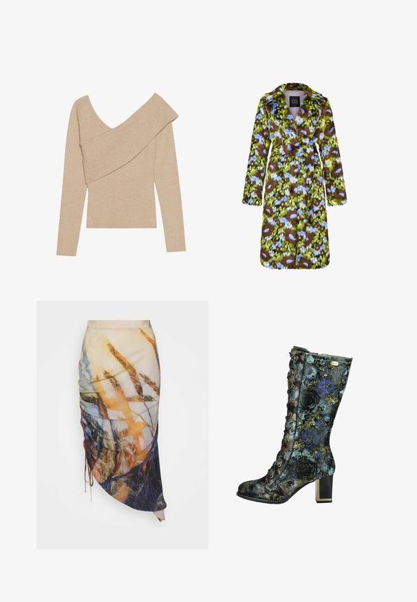 Faux fur frakke med et farverigt blomster mønster i grøn, blå og brun. Bemærkelsesværdige detaljer inkluderer en belagt talje og lange ærmer.; Even&Odd Striktrøje - mottled beige; Materiel DIAGONAL GATHERED SKIRT - Pencil skirt - golden hour; Mellemlangt snørestøvle med blokkhæl, sort bund og blåt og grønt blomstermønster og tekstur, sidevisning.