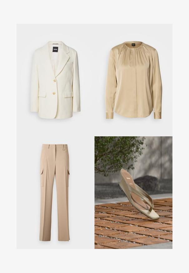 Hvid blazer lavet af tekstureret stof, med reverskrave, to forlommer og guldknapper. Simpelt, elegant design med en skræddersyet pasform.; Langærmet skjorte i beige satin med rund halsudskæring, plisseringer foran og knap på ærmerne. Glat tekstur med en afslappet pasform.; Beige cargo bukser med to sidelommer, en flad front og en kvadratisk metalaccent på taljen. Fremstillet af et glat og let stof.; Beige læder tåsandal med BOSS-logo på indersålen, svævende over en terrasse med trælameller og små sten imellem.