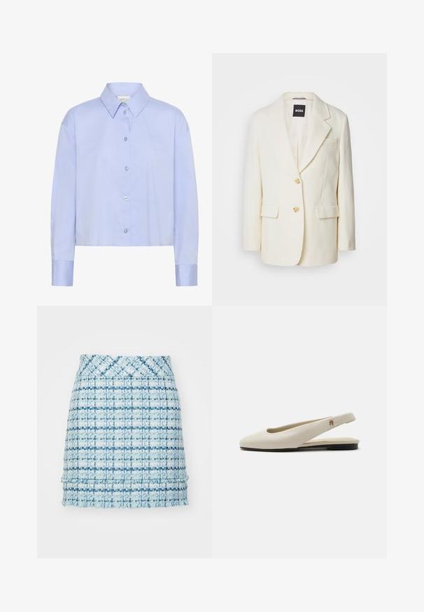 Witte blazer van textuurstof, met een notchrevers, twee voorzakken en gouden knopen. Eenvoudig, elegant ontwerp met een tailored fit.; Lichtblauw cropped button-up shirt met een kraag, lange mouwen en doorzichtige knopen. Subtiele logo-detail op de borst.; Blauwe tweed mini-jurk met een textuurpatroon, met een rafelige zoom en een aansluitende tailleband. Het ontwerp bevat verschillende tinten blauw.; Crèmekleurige leren slingback platte schoen met ronde neus en klein gouden embleem op het bandje.