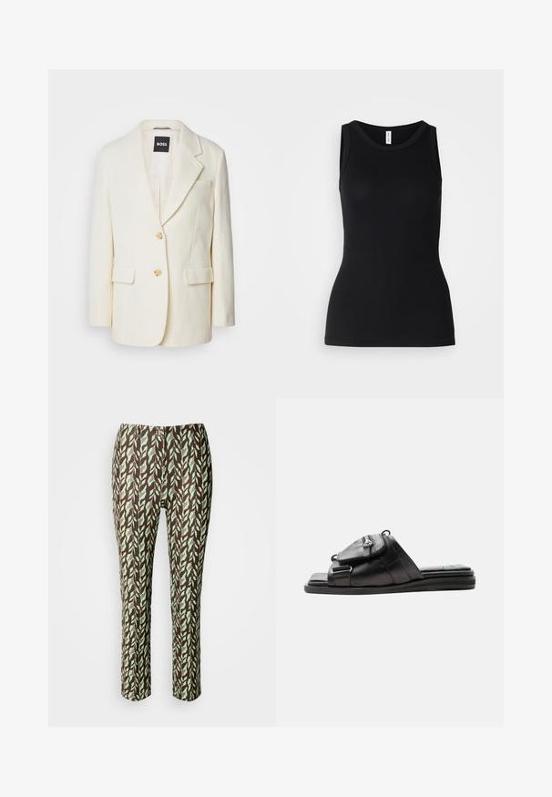 Hvid blazer lavet af tekstureret stof, med reverskrave, to forlommer og guldknapper. Simpelt, elegant design med en skræddersyet pasform.; Sort ærmeløs tanktop lavet af ribbet stof, med rund halsudskæring og tætsiddende design, med en glat overflade og uden mønstre.; Brune og grønne mønstrede bukser med bladdesign, slim fit, med en glat tekstur og ingen synlige lukninger eller lommer.; Sort læder slide sandal med polstret sål og frontlomme med lynlås på remmen.