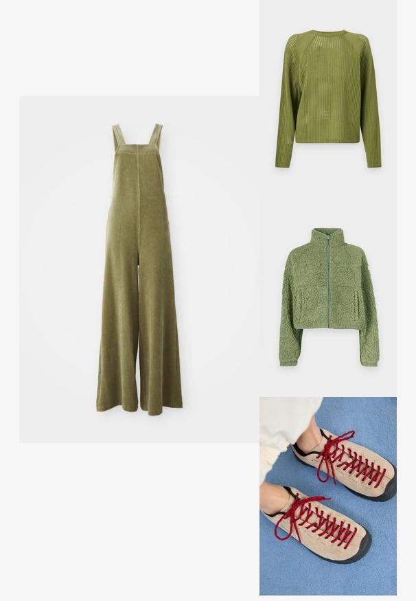 Chaqueta corta de forro polar verde con superficie texturizada, cuello alto y cierre frontal con cremallera. Presenta mangas anchas y un corte holgado.; Pantalones de peto de pana verde oliva con piernas anchas, tirantes ajustables y una superficie texturizada. Diseño simple, sin patrones visibles ni herrajes.; Suéter de punto verde oliva claro de manga larga con un patrón holgado y tejido abierto, y cuello redondo, puños y dobladillo acanalados.; Zapatos beiges con cordones rojos, colocados sobre una superficie texturizada azul, que revelan parcialmente el tobillo de una persona. Los zapatos tienen un diseño deportivo.