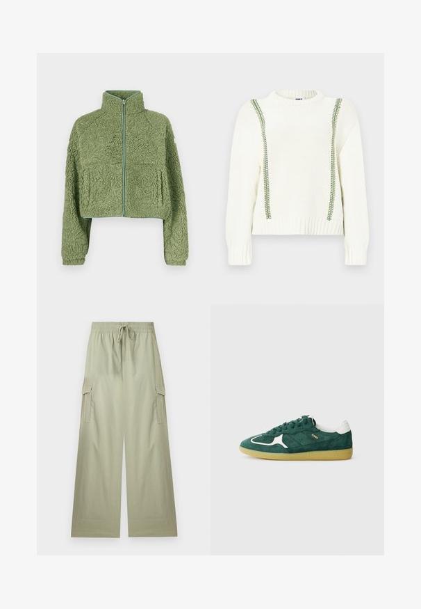 Chaqueta corta de forro polar verde con superficie texturizada, cuello alto y cierre frontal con cremallera. Presenta mangas anchas y un corte holgado.; Suéter blanco de punto con detalles en costuras verdes a lo largo de los hombros y los costados, con dobladillo y puños acanalados. Diseño cómodo y casual.; Pantalones cargo de pierna ancha en verde claro con cintura elástica y cordón, con bolsillos laterales con solapa y un ajuste relajado.; Zapatillas verdes de ante con acentos blancos, detalles perforados y suela de goma texturizada. Presenta cordones redondos y talón acolchado.