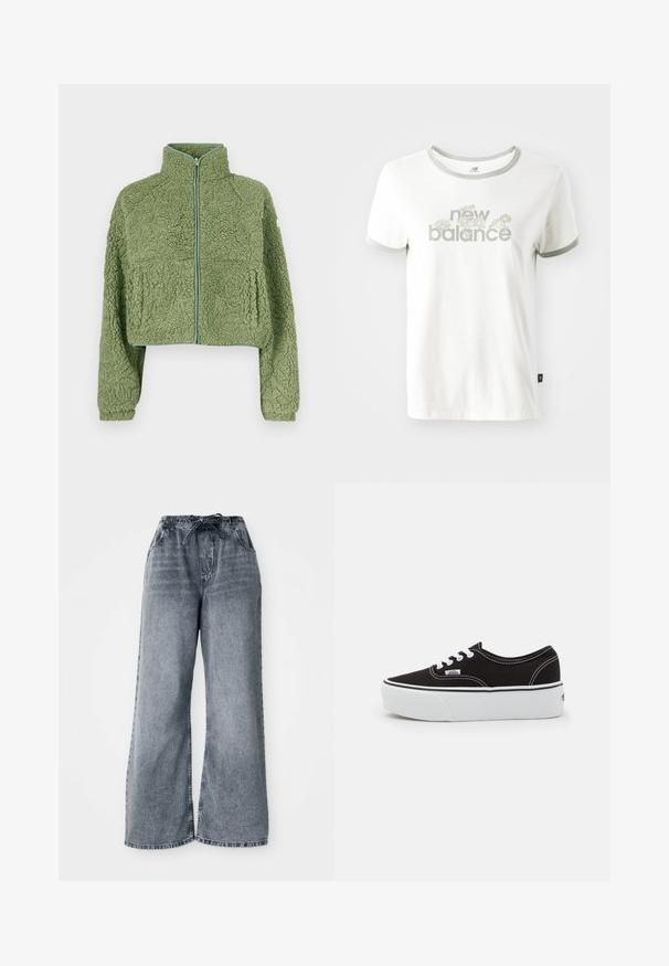 Grøn cropped fleecejakke med en tekstureret overflade, høj krave og lynlås foran. Har vide ærmer og en afslappet pasform.; Hvid bomulds T-shirt med grå kant, der har et blomstermotiv og teksten "new balance" i lys grøn. Korte ærmer, almindelig pasform.; Grå jeans med brede ben, elastisk talje, snøre lukning og sidelommer. Bleget tekstur over hele stoffet.; Sort lærred sneakers med en hvid gummi platform sål, der har hvide snørebånd og syninger, ikonisk branding på siden, lav-top design.