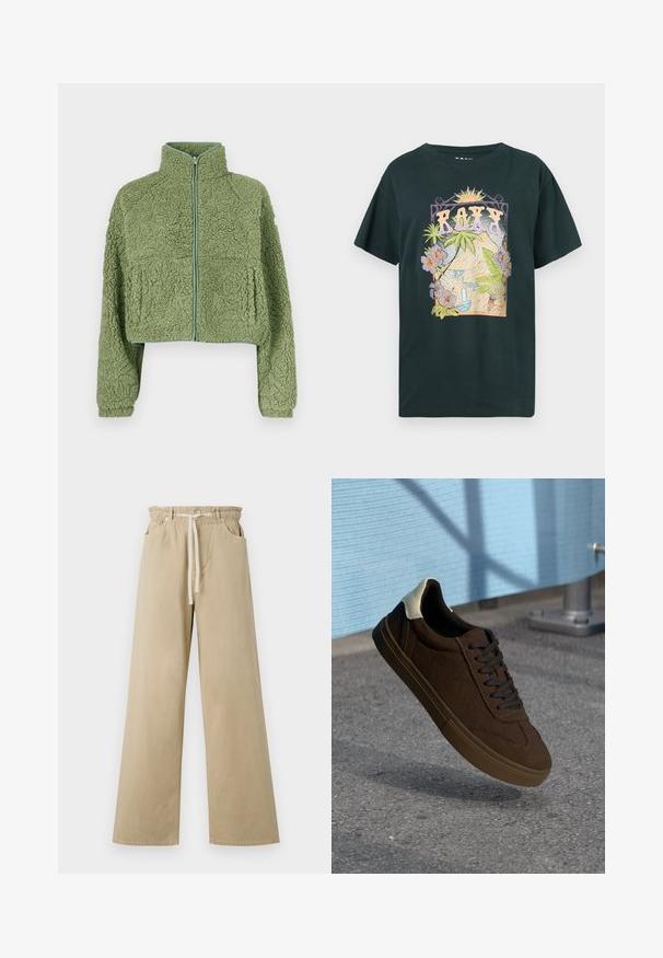 Veste polaire verte courte à surface texturée, col montant et fermeture éclair frontale. Dotée de manches larges et d'une coupe décontractée.; T-shirt noir en coton avec un motif coloré représentant des montagnes, une cascade et des fleurs tropicales, avec le texte "ROXY" en lettres majuscules.; Pantalon large beige en coton avec une taille élastiquée et un cordon de serrage. Il possède deux poches latérales et une texture lisse.; Baskets basses en daim marron avec des lacets noirs, présentant un capuchon de talon blanc et des détails de couture texturée. Semelle en caoutchouc.