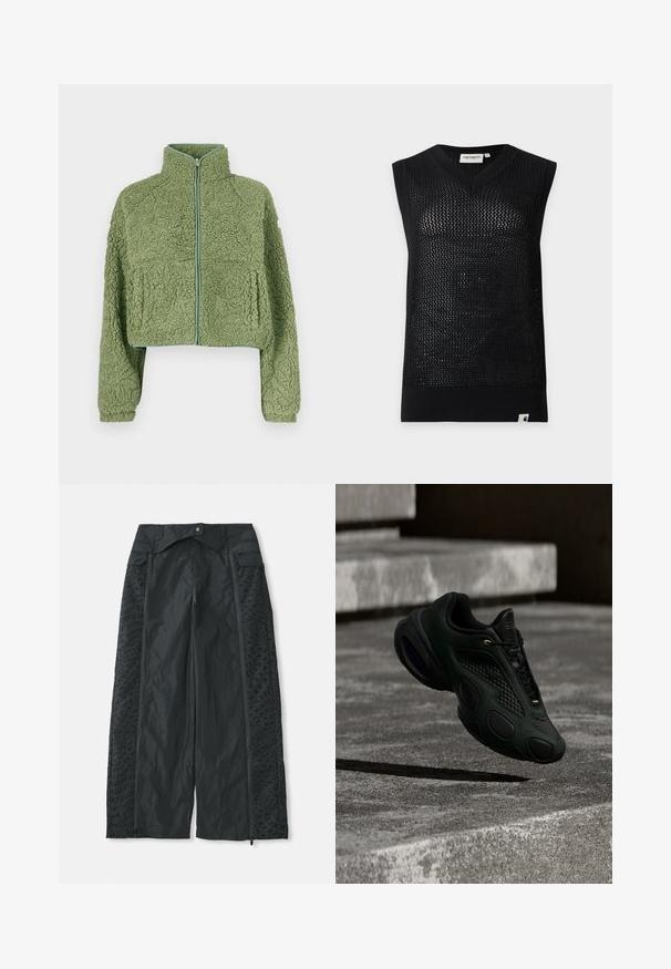 Grøn cropped fleecejakke med en tekstureret overflade, høj krave og lynlås foran. Har vide ærmer og en afslappet pasform.; Ærmeløs sort strikvest i net med V-hals og ribkanter, Carhartt-mærke på krave og underkant, vist på hvid baggrund.; Sort brede bukser lavet af letvægtsmateriale, der har teksturerede mønstre på siderne og lynlåsåbninger ved kanten.; Sort atletiksneaker med teksturerede paneler og snørebånd, der svæver over en betonoverflade og trapper i svagt lys.