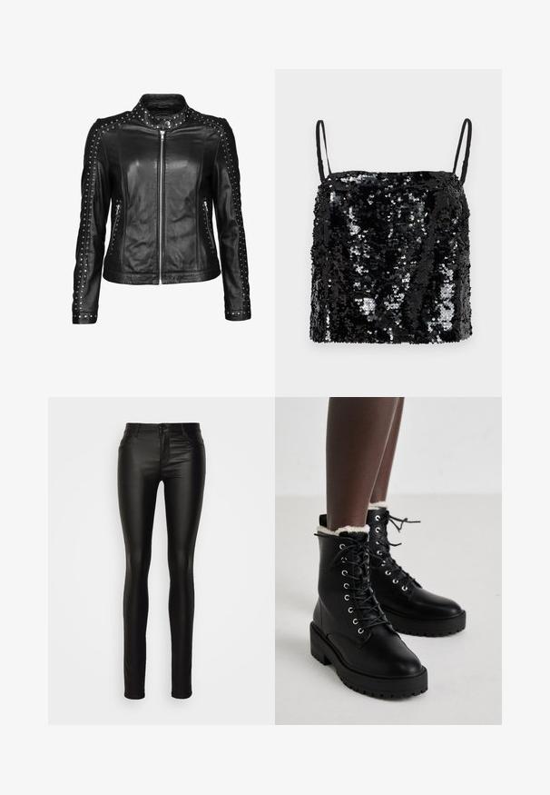JCC Læderjakker - black; Sort paliettop med tynde, justerbare stropper, der har en firkantet udskæring og en tekstureret overflade skabt af overlappende palietter.; ONLY Tall ONLHELLA REG - Jeans Skinny Fit - black; Sorte snørebåndsankelstøvler med kraftige såler og hvid fleeceforing, båret af en person, der står på et lyst gulv.