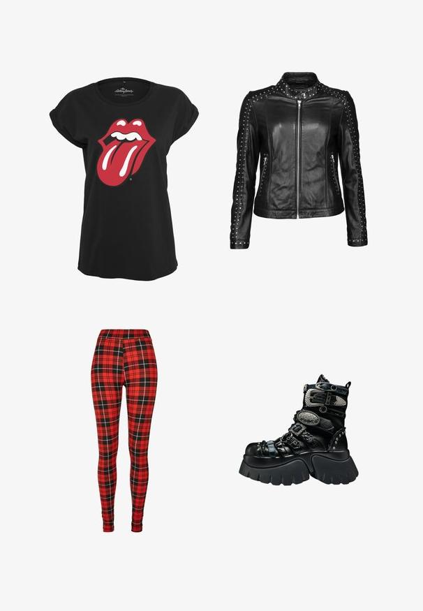 JCC Veste en cuir - black; T-shirt noir en coton avec un motif graphique en rouge et blanc du logo des Rolling Stones représentant des lèvres et une langue sur le devant. Encolure ronde.; Leggings à carreaux rouges présentant un motif à damiers noir et blanc. Fabriqués en matière extensible avec un design taille haute.; Botte plateforme noire avec semelle épaisse, multiples brides texturées, boucles argentées, accents métalliques décoratifs et détails cloutés.