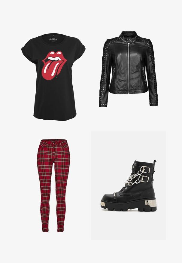 JCC Veste en cuir - black; T-shirt noir en coton avec un motif graphique en rouge et blanc du logo des Rolling Stones représentant des lèvres et une langue sur le devant. Encolure ronde.; Jeans skinny à carreaux rouges avec une coupe ajustée, ornés de lignes jaunes et noires, avec une fermeture à bouton et des poches avant standard.; Koi Footwear SHACKLED SHADOWS HEAVY DUTY CHAIN - Bottines de cowboy / motard - black