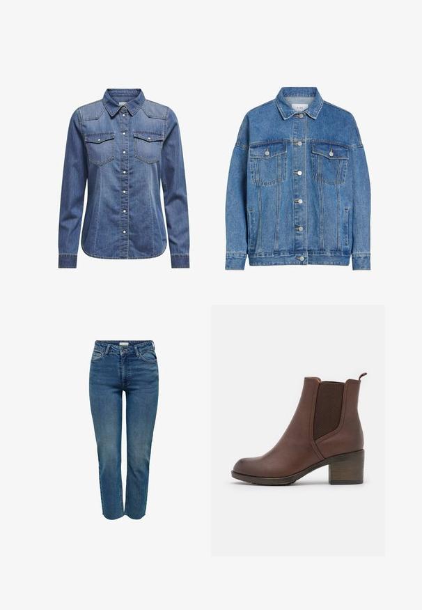 VILA Denim Cotton - Cowboyjakker - light blue denim; Denimskjorte i mørkeblå, med krave, lange ærmer, dobbelt brystlomme og kontrasterende syninger.; Mellemhøje blå denim jeans med lige ben, der har fem lommer, lynlås og subtile slidser på lårene.; Brun læder ankelstøvle med en glat finish, elastiske sidepaneler, en rund tå og en moderat træhæl.