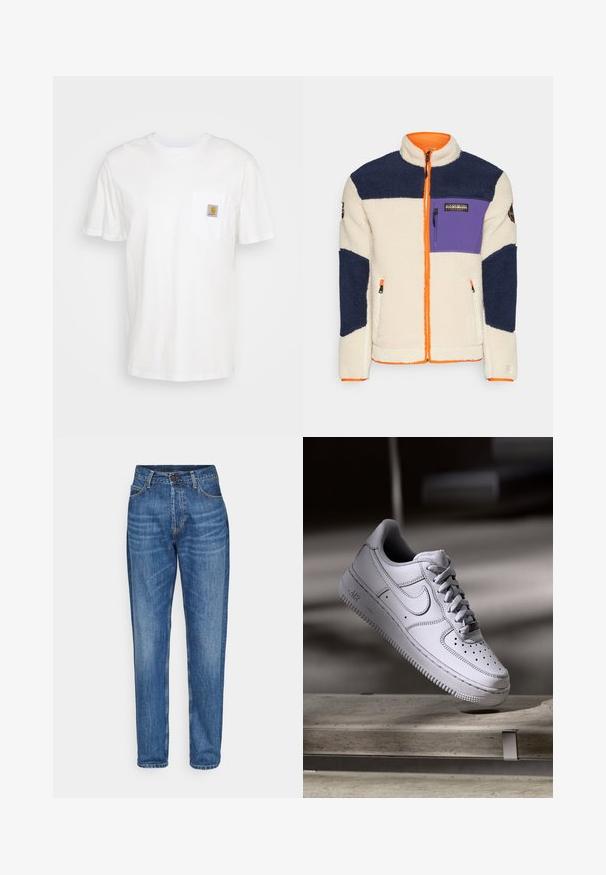 Fleecejakke i creme, marineblå og lilla med en orange lynlås. Har en lynlåset brystlomme og tekstureret stof med farveblokeret design.; Hvid bomulds T-shirt med korte ærmer, en brystlomme, og et lille firkantet logo patch i orange og hvid på lommen.; Blå denim jeans med straight leg design, høj talje, forlommer og en enkelt knaplukning. Mellem vask med let falming.; Hvid læder Nike Air Force 1 sneaker med perforeret tå, flade snørebånd og tekstureret gummisål med "AIR" branding på siden.