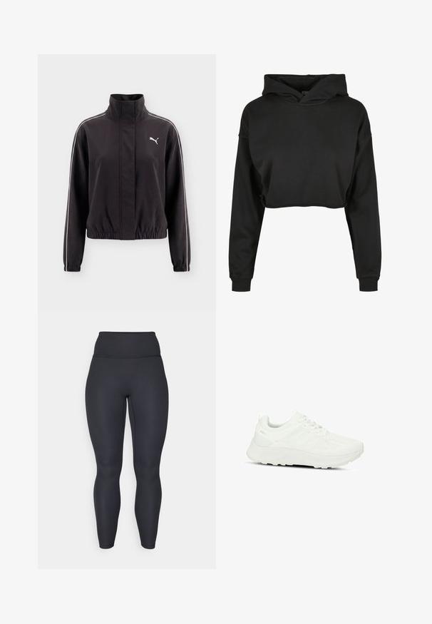 Sort Puma-jakke med høj krave, lynlås foran, elastiske manchetter og kant samt hvide striber langs ærmerne og logo på brystet.; Sort cropped hoodie lavet af blødt stof med snoretræk i hætten, lange ærmer og ribbede manchetter, med et rent, enkelt design.; Høj taljede sorte ribbede leggings med en tætsiddende design, glat tekstur og fuldlængde pasform. Har en bred talje for støtte.; Hvide atletiske sko med en tekstureret overdel og mesh-paneler, snørebåndsdesign, polstret sål og diskret logo på hælen.
