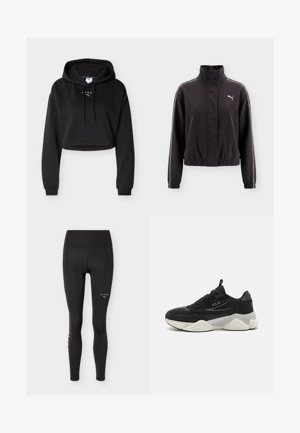 Μαύρο μπουφάν Puma με ψηλό γιακά, φερμουάρ στο μπροστινό μέρος, ελαστικά μανσέτες και στρίφωμα, λευκές ρίγες στα μανίκια και λογότυπο στο στήθος.; Μαύρο cropped φούτερ με μακριά μανίκια, μπροστινά κορδόνια και λευκά λογότυπα «HYROX» και Puma στο κέντρο του στήθους.; Μαύρο κολάν αθλητικό με ψηλή μέση, με λευκά λογότυπα HYROX και Puma, τοποθετημένο επίπεδα σε ανοιχτό μονόχρωμο φόντο, χωρίς ορατό μοντέλο.; Μαύρα αθλητικά παπούτσια από πλέγμα και σουέτ, με παχιά σόλα, στρογγυλή γραμμή, διακριτικούς γκρι τόνους και λογότυπο στη πλευρά.