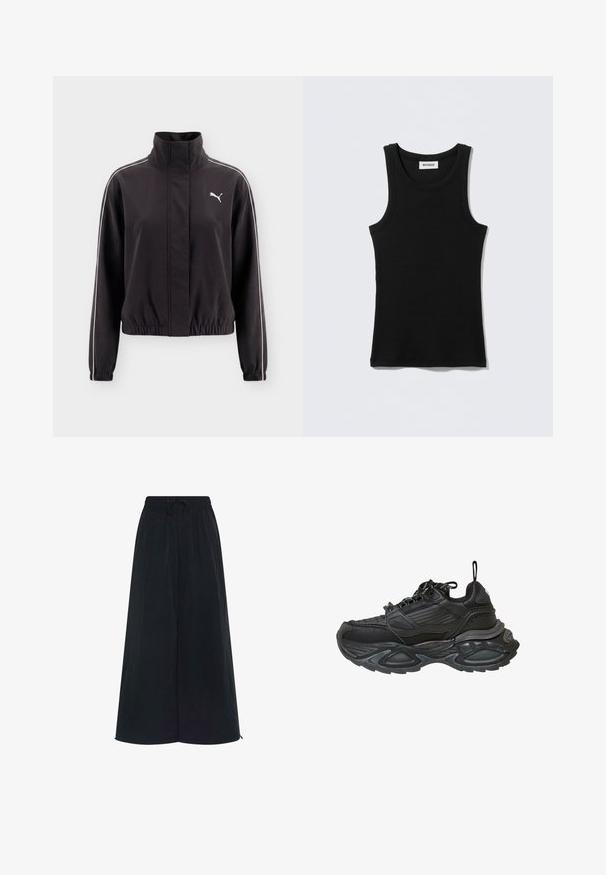 Must Puma jakk kõrge kraega, ees lukuga, elastsete varrukapaelte ja äärega ning valgete triipudega varrukatel ja rinnal logoga.; Must puuvillane tank top, millel on ümar kaelus ja karedad rihmad. Lihtne disain, puuduvad mustrid või aktsendid.; Mustad laiad püksid elastse vöökoht ja reguleeritava nööriga. Valmistatud kerge kangaga, millel on sile tekstuur. Ilma nähtavate mustriteta.; Mustad mustad tossud, tekstureeritud nahast ülemine osa, dekoratiivne õmblus ja tugevdus varbale. Omab lipsu kujundust ja tõmbluku sanga.