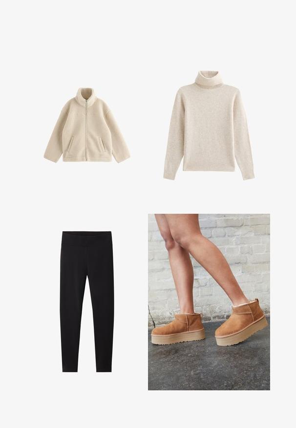 Beige fleecejakke med fuld frontlynlås, høj krave, lange ærmer og to skrå frontlommer.; Beige højhalset sweater lavet af blød, tekstureret stof. Har lange ærmer, en ribkantet krave og en lige kant. Enkel design.; Sorte leggings med en bred, elastisk talje. Fremstillet af et glat, strækbart materiale, skræddersyet til en tætsiddende silhuet uden synlige mønstre.; Brune ruskinds ankelsko med en blød foring, tyk beige plattformsål og en bageste løkke. Tekstureret overflade med synlige sømdetaljer.