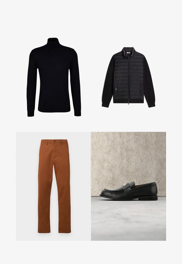 Chaqueta negra con cremallera, parte delantera acolchada, mangas lisas, dos bolsillos con botones a presión y un pequeño logo en el pecho.; Suéter negro de cuello alto en un tejido de punto suave. Presenta mangas largas, un cuello ajustado y puños y dobladillo acanalados para un ajuste ceñido.; Pantalones de algodón marrón con un diseño de pierna recta, que cuentan con un cierre de botón y bolsillos laterales, con una textura suave y mate.; Mocasín de cuero negro con una placa metálica de marca apoyado cerca de una mesa redonda marrón sobre un suelo alfombrado beige.