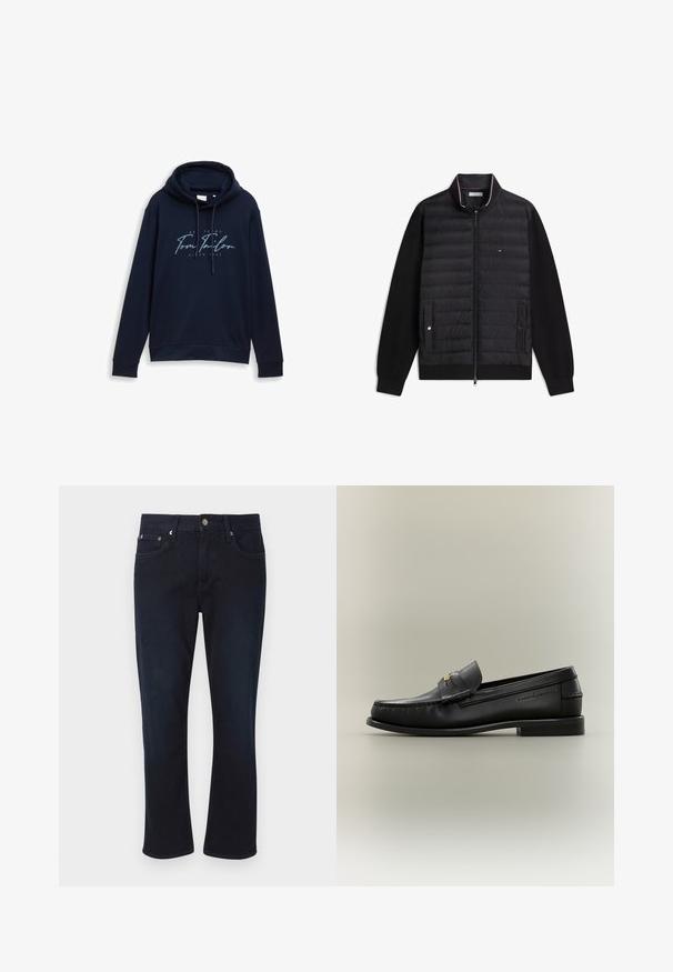 Veste noire zippée avec devant matelassé, manches lisses, deux poches à boutons-pression et un petit logo sur la poitrine.; Hoodie bleu marine avec cordons de serrage, arborant un texte de logo en blanc et bleu clair audacieux "Tom Tailor" avec l'année 1962. Texture douce.; Jean bleu foncé en denim, avec une coupe droite, des poches avant et des boutons métalliques. Aucun motif ou embellissement visible.; Mocassin noir en cuir à enfiler avec petit talon, boucle dorée et nom de marque embossé sur le côté sur fond neutre.