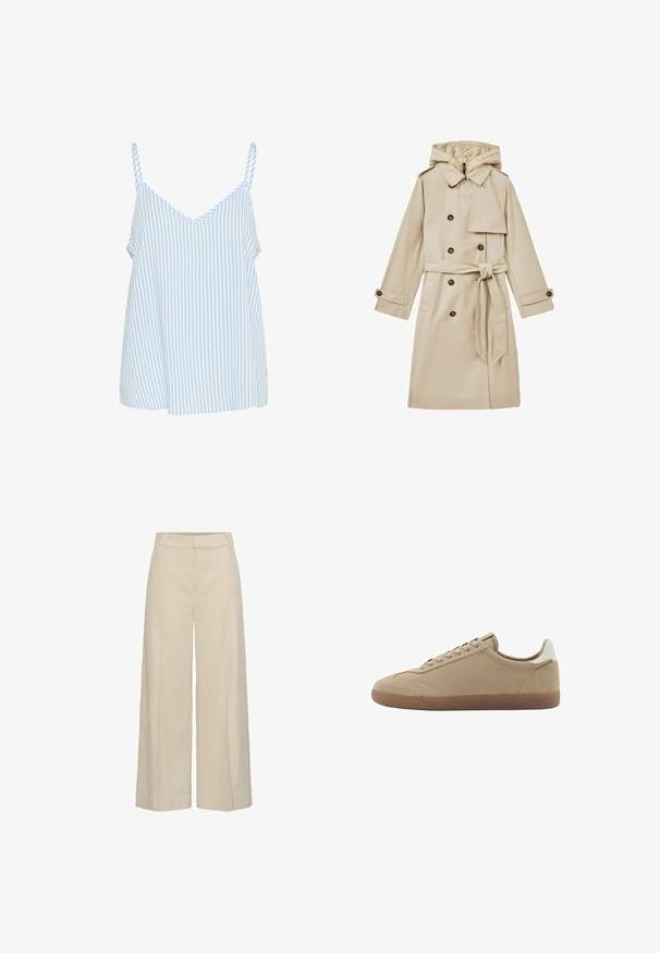 Beige langer Trenchcoat mit Kapuze, doppelter Knopfleiste, großen Knöpfen und einem Gürtel in der Taille. Der Stoff wirkt glatt und leicht.; Blau-weiß gestreiftes Waschshirt mit dünnen Schulterträgern, V-Ausschnitt und lockerem, fließendem Schnitt. Weiche Stoffstruktur.; Beige weit geschnittene Hose mit vorderen Nahtdetails, Gürtelschlaufen und verdecktem vorderem Verschluss.; Beige Wildlederschuhe mit einem flachen Design, runder Zehenpartie und strukturiertem Gummisole. Einschließlich passender Schnürsenkel und einem kleinen weißen Absatz.