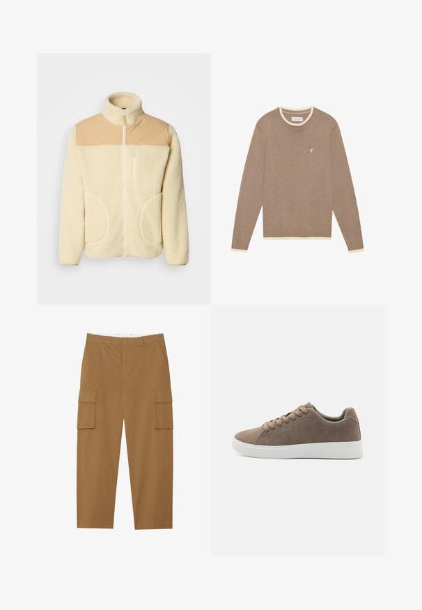 Veste en polaire de couleur crème avec une partie supérieure en nylon beige, col montant, fermeture éclair intégrale et deux poches latérales aux bords arrondis.; Pull en maille marron avec un col et des poignets côtelés de couleur crème, arborant un petit logo d'oiseau blanc sur la poitrine gauche. Manches longues, coupe classique.; Pantalons cargo marron avec deux poches latérales, une taille plate et une coupe droite. Fabriqués en tissu durable avec une texture lisse.; Baskets en daim marron avec des semelles en caoutchouc blanc plat, design lacé, bout rond et texture lisse. Style minimaliste avec des détails de couture subtils.