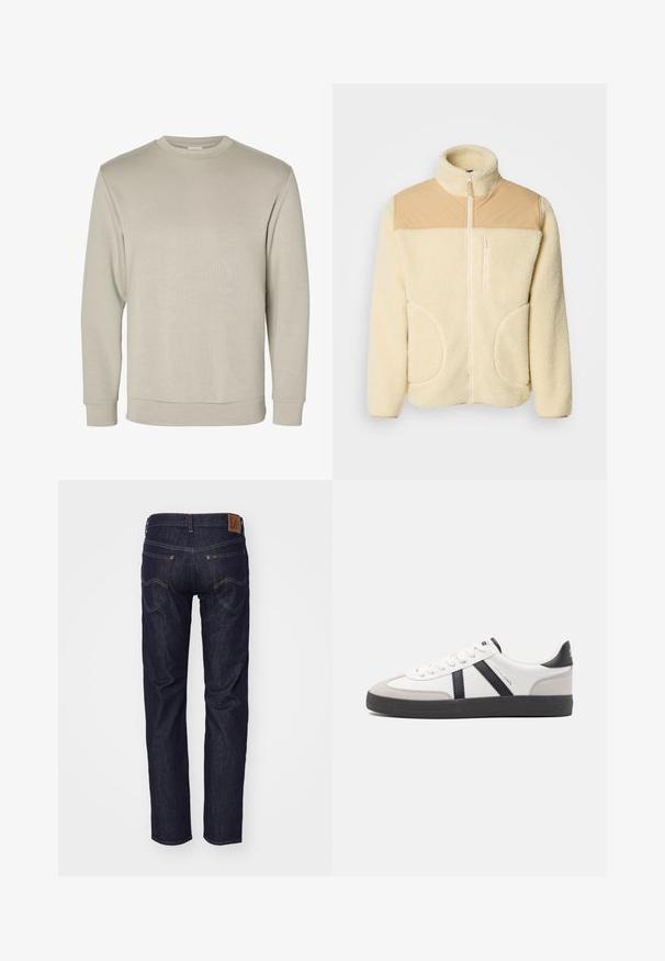 Fleece-Jacke in Creme mit einem oberen Abschnitt aus braunem Nylon, hohem Kragen, durchgehendem Reißverschluss und zwei seitlichen Taschen mit abgerundeten Kanten.; Beiger Sweatshirt mit langen Ärmeln und Rundhalsausschnitt, mit gerippten Bündchen und Saum, auf weißem Hintergrund dargestellt.; Dunkelblaue Denim-Jeans, von hinten gezeigt, mit zwei Gesäßtaschen, Kontrastnähten und einem braunen Lederpatch am Bund.; Weiße Sneaker mit schwarz- und grau-aczenten, ausgestattet mit einer strukturierten grauen Zehenkappe, schwarzer Gummi-Sohle und flachen weißen Schnürsenkeln. Sauberes Design, minimalistische Stil.