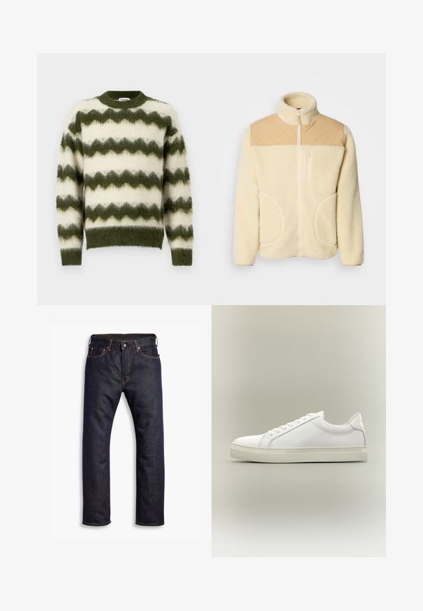 Fleece jack met een crème kleur en een bovenstuk van tan nylon, hoge kraag, volledige rits en twee zijzakken met afgeronde randen.; Groene en witte zigzag-gepatroneerde trui, gemaakt van zacht, fluffy materiaal met een ronde halslijn en geribde manchetten.; Donkerblauwe recht gesneden denim jeans met vijf zakken en oranje contrasterende stiknaden, plat gelegd op een witte achtergrond.; Witte lage sneaker met veters aan de voorkant en dikke zool, zijaanzicht tegen een neutrale achtergrond.