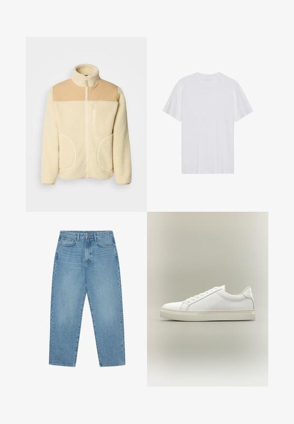 Chaqueta de forro polar en crema con una sección superior de nailon color marrón claro, cuello alto, cremallera completa y dos bolsillos laterales con bordes redondeados.; Camiseta de algodón blanca con mangas cortas, cuello redondo y una textura suave. Presenta una marca mínima en el escote.; Pantalones vaqueros de mezclilla azul claro con corte de pierna recta, diseño de cinco bolsillos y textura ligeramente desgastada. Cuentan con cierre de botón y cremallera.; Zapatilla blanca de perfil bajo con cordones en la parte delantera y suela gruesa, mostrada de lado sobre un fondo neutro.