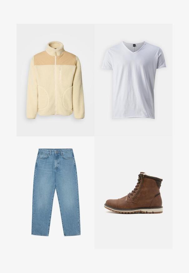 Fleecejakke i creme med en tan nylon øverste sektion, høj krave, fuld lynlås og to sidelommer med afrundede kanter.; Hvid kortærmet V-hals t-shirt lavet af blødt bomuld, med en afslappet pasform og glat overflade, samt et lille mærke ved halsudskæringen.; Lyseblå denimjeans med lige ben, fem-lomme design og en let falmet struktur. Indeholder knap- og lynlåslukning.; Brune læder ankelstøvler med en struktureret overdel, lynlåslukning og polstret krave. Gummisålen har et mønster, der sikrer godt greb.