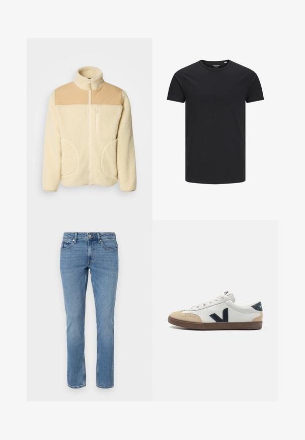 Fleece-Jacke in Creme mit einem oberen Abschnitt aus braunem Nylon, hohem Kragen, durchgehendem Reißverschluss und zwei seitlichen Taschen mit abgerundeten Kanten.; Schwarzes Baumwoll-T-Shirt mit Rundhalsausschnitt, kurzen Ärmeln und schlichtem Design. Glatte Textur, keine Muster oder sichtbare Beschläge.; Blaue gerade geschnittene Denim-Jeans mit Fronttaschen, Gürtelschlaufen und Knopfverschluss.; Weiße Leder-Sneaker mit beigem Zehenbereich, navyblaue seitliche "V"-Logos und brauner Gummisohle. Enthält runde Schnürsenkel und strukturierte Akzente.