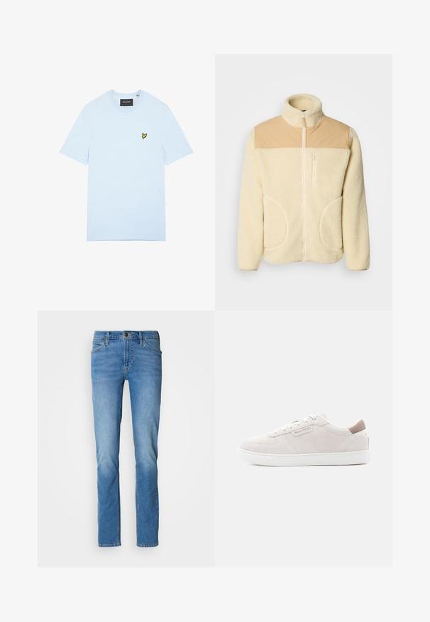Fleece jack met een crème kleur en een bovenstuk van tan nylon, hoge kraag, volledige rits en twee zijzakken met afgeronde randen.; Lichtblauw katoenen T-shirt met een ronde hals, voorzien van een klein geel vogellogo geborduurd op de linkerborst. Korte mouwen, effen kleur.; Lichtblauwe denim jeans met een rechte pasvorm, voorzien van een traditionele vijf-pocket ontwerp, messing hardware en subtiele vervaging op de bovenbenen.; Lichtroze suède sneaker met witte rubberen zool, voorzien van een gestikt ontwerp en een klein logodetail aan de zijkant en achterkant van de hiel.
