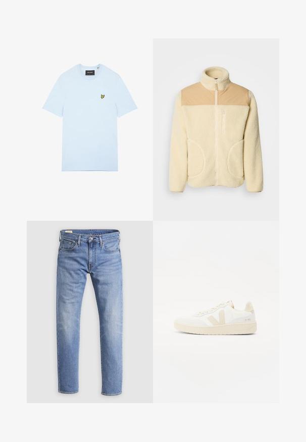 Fleece jack met een crème kleur en een bovenstuk van tan nylon, hoge kraag, volledige rits en twee zijzakken met afgeronde randen.; Lichtblauw katoenen T-shirt met een ronde hals, voorzien van een klein geel vogellogo geborduurd op de linkerborst. Korte mouwen, effen kleur.; Lichtblauwe spijkerbroek met knoopsluiting aan de voorkant, riemlussen en een ontwerp met vijf zakken, weergegeven tegen een witte achtergrond.; Witte sneaker met beige accenten, voorzien van een gestructureerde bovenkant, ronde neus en een dikke rubberen zool. Het ontwerp bevat het iconische V-logo en merkbranding.