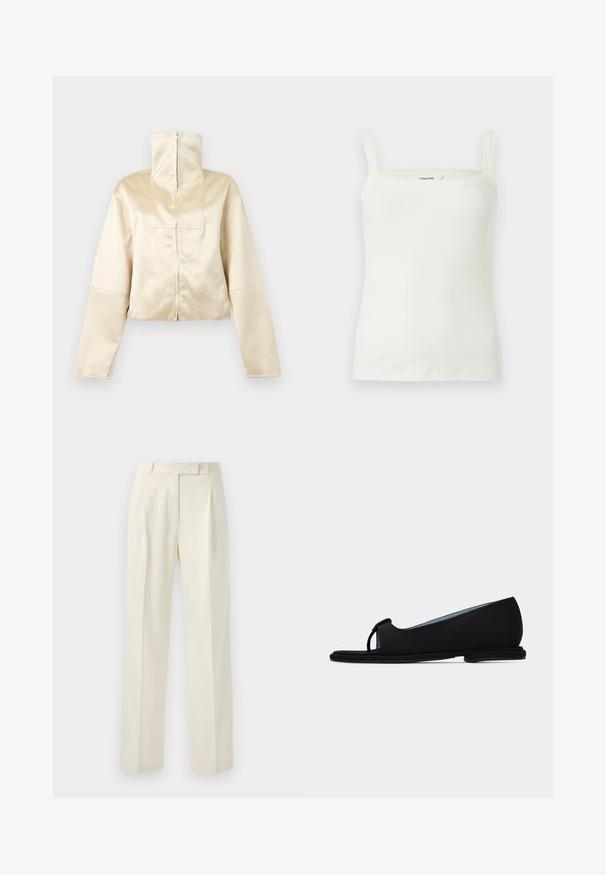 Beige, cropped jakke med lange ærmer, høj lynlåsskrave og lynlåslukning foran, vist på en ensartet lys baggrund.; Hvid ribstrikket tanktop med smalle skulderstropper og en lige halsudskæring, vist på en ensfarvet baggrund.; Cremefarvede bukser med skræddersyet pasform, der har lige front, plisseringer og lige ben lavet af et blødt, tekstureret stof.; Sort flad sko med åben tå og sløjfedetalje, glat finish, lav sål og lyseblåt inderfor, vist i sideprofil.