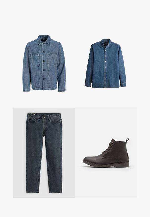 Blaues Denim-Jackett mit strukturiertem Finish. Verfügt über einen Kragen, eine vordere Knopfleiste, zwei Brusttaschen und lange Ärmel.; Denim-Hemd in Mittelblau, mit langen Ärmeln, spitzem Kragen, weißen Knöpfen und einer taillierten Passform sowie dezentem Logostick.; Dunkelblaue Denim-Jeans mit geradem Bein, fünf Taschen und einem Knopfverschluss. Subtile Ausbleichungen verleihen dem Stoff Textur.; Braune Lederstiefeletten mit glatter Textur, runder Zehenpartie, sechs Metallösen und einer Schlaufe an der Rückseite. Flache Gummisohle.